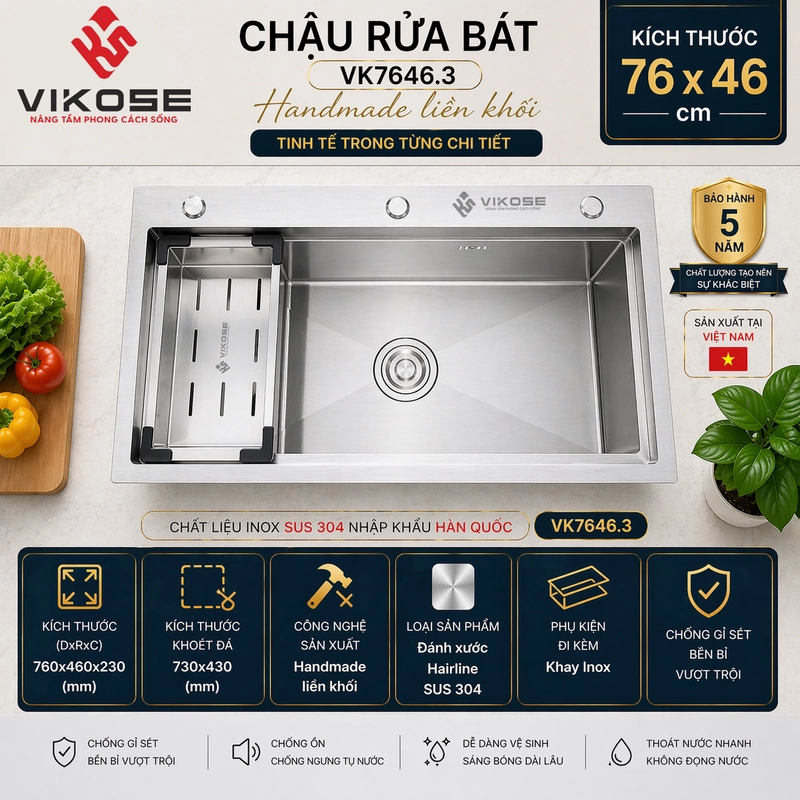 VK7646.3.webp Chậu rửa bát 1 hố giật cấp VK7646.3 - Ảnh 1